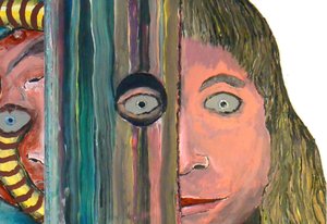 The color photograph, in landscape format, shows details of two colorful stick masks for the reading performance “Sophrosyne.”